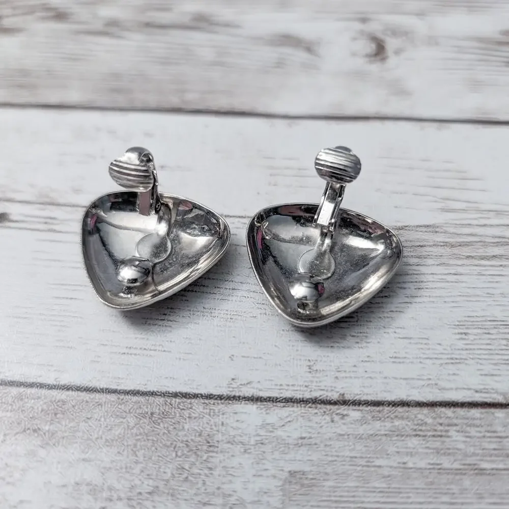 Vintage Clip On Earrings Rounded Triangle Silver Tone Hammered Pattern
